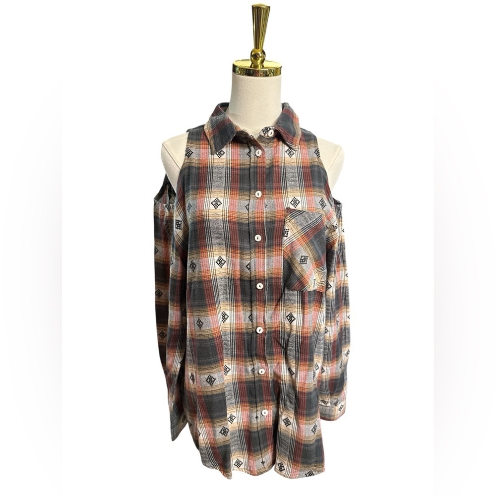 Lunik Cold-Shoulder Plaid Western Button-Up Shirt in Rust & Olive Cotton Size M